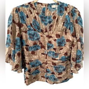 Joie Top Shirt 100% Silk Floral Ruched Blouse Beige Blue Brown Floral Size 8